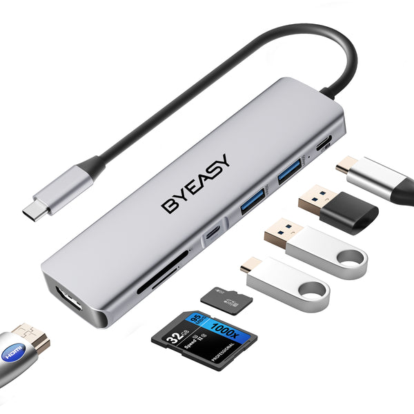 BYEASY 7-in-1 USB-C Hub: 4K HDMI, SD/TF Reader, 100W PD - Ultra Slim Adapter