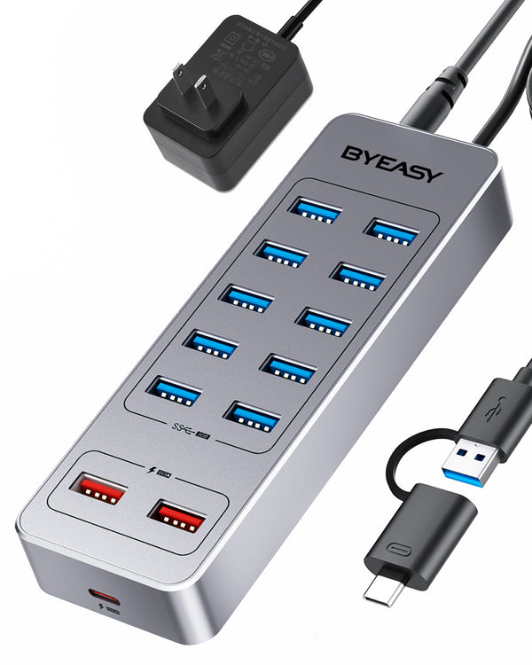 BYEASY Hub USB 3.0 de 13 puertos: 10 USB, 1 PD tipo C, 2 puertos de carga USB-A con adaptador 12V3A 