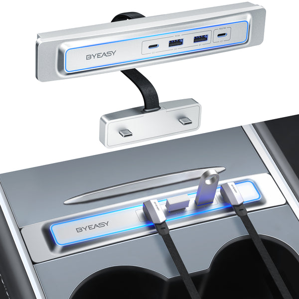 BYEASY Tesla 4-in-2 USB Hub: Multi-Port Docking for Model 3/Y, 27W PD Charging