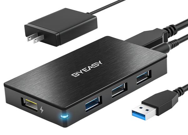 BYEASY 4-Port Aluminum USB 3.0 Hub with Smart Charging: Universal Slim Power Adapter for iMac Pro, MacBook, PS5, Surface Pro, Notebooks, and HDDs